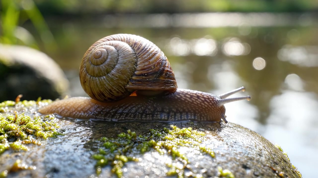 A Close-Up of a Snail Gliding on a Rock Beside Tranquil Waters, Highlighting Its Intricate Shell and Serene Natural Habitat Under Soft Lighting