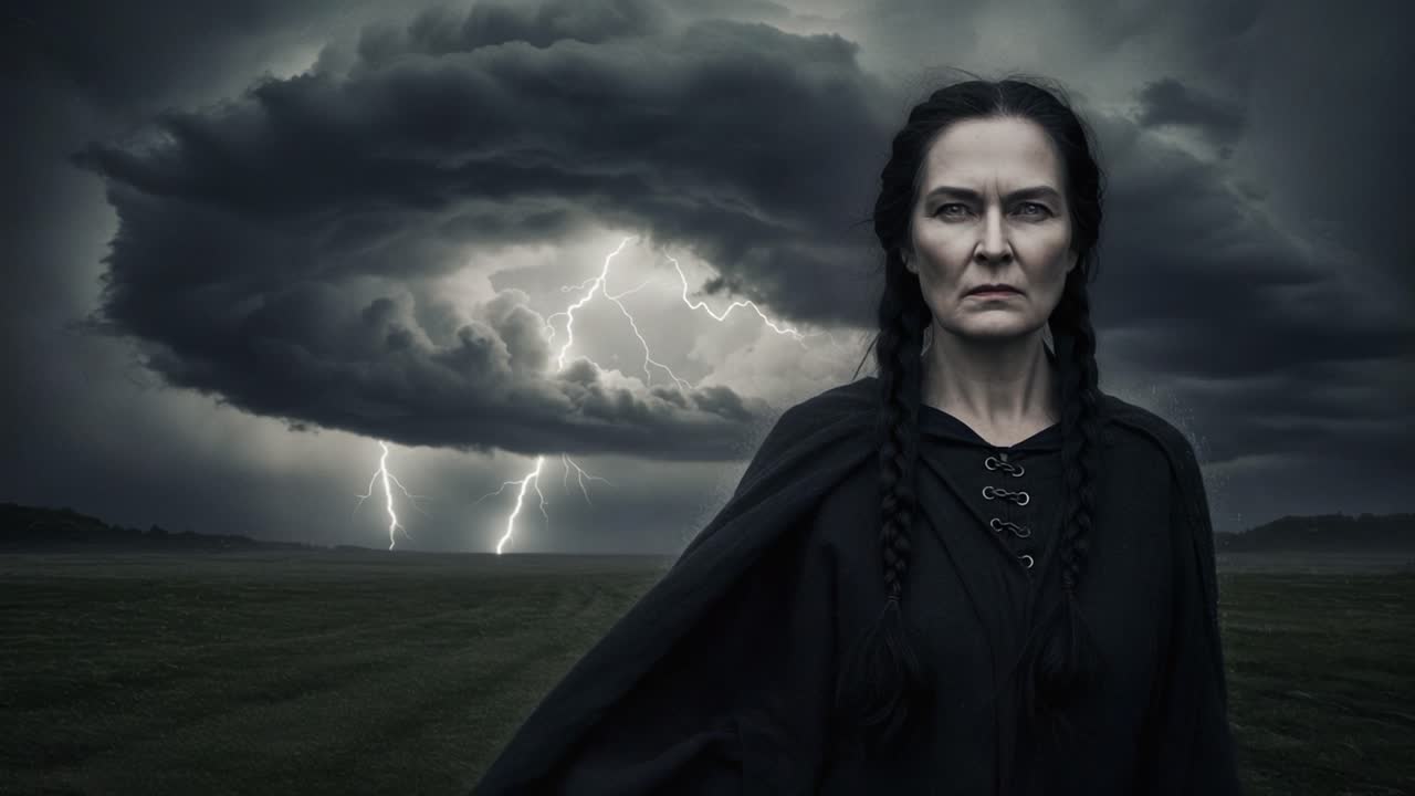 A Mysterious Figure Stands Resolute Under a Dark Stormy Sky, Embodying Strength and Determination in the Face of Nature's Fury and Intrigue