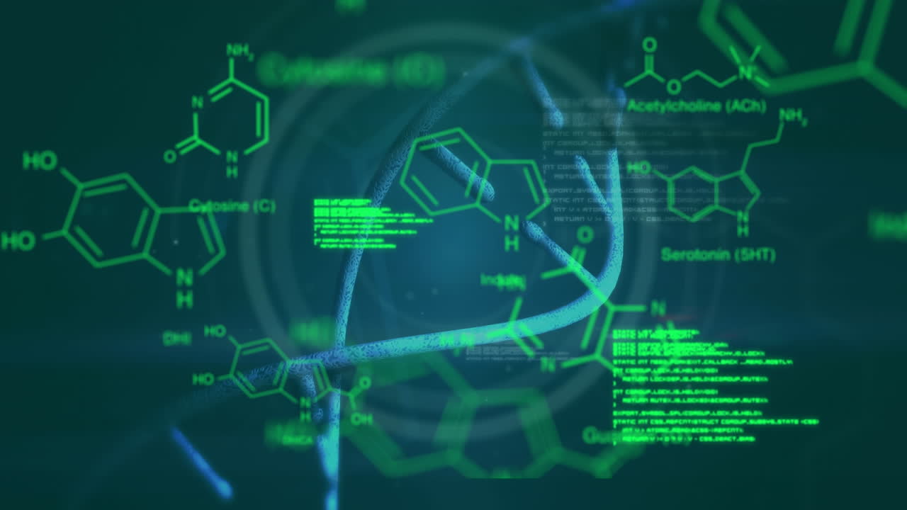 animación de fórmulas químicas y procesamiento de datos sobre un fondo azul oscuro