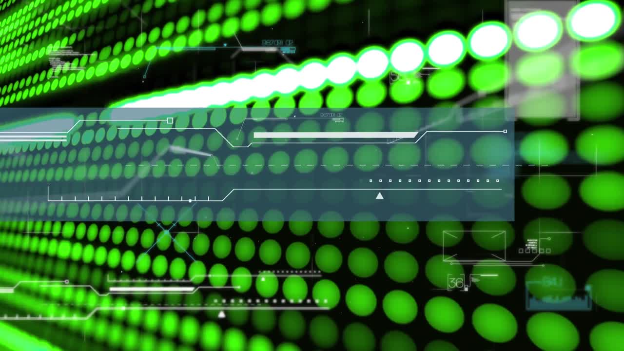 Animation of scanner interface and glowing green lights of computer server processing data