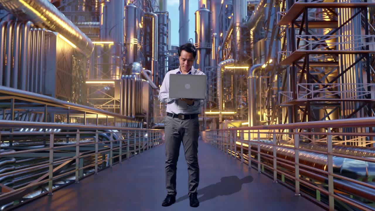 Full Body Of An Asian Male Professional Worker Standing With His Laptop At A Vast Oil Refinery, Working Continuously
