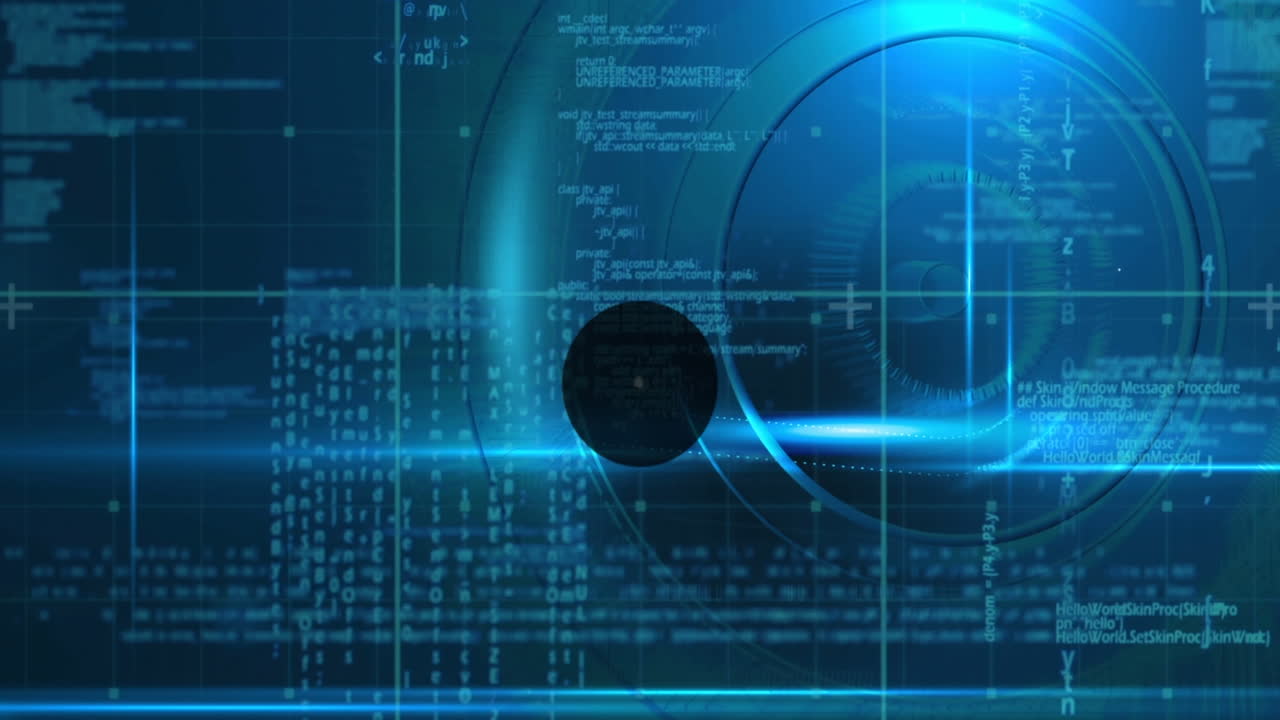 Animation of network of profile icons and data processsing against light spots on blue background