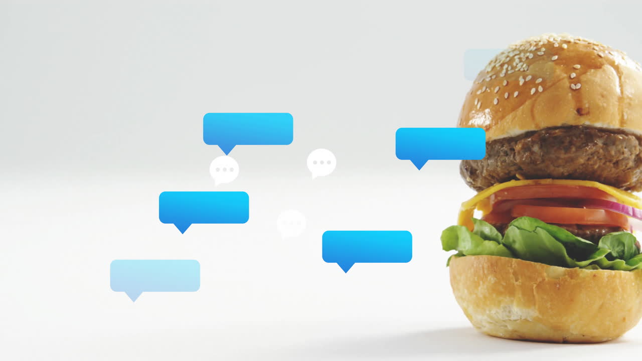 Floating blue chat bubbles around burger on white background with animation