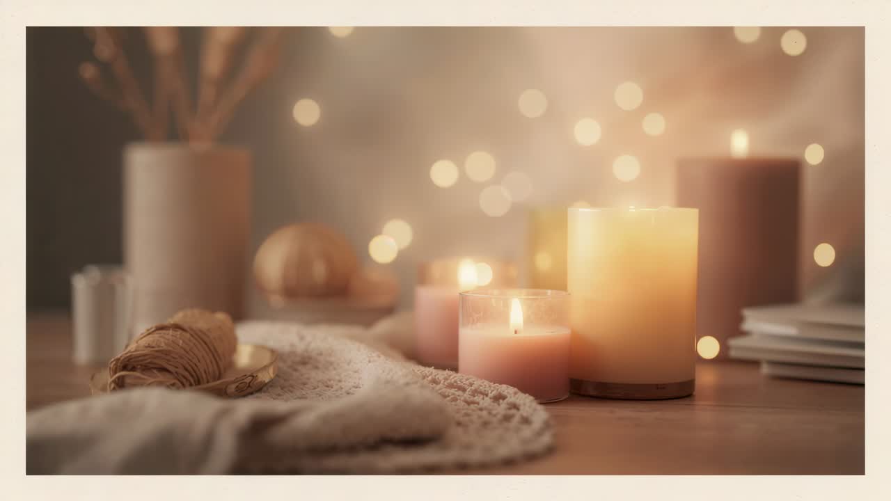 Air nudging three lit candles flickering on wood tabletop at home, with knit cream cloth, twine