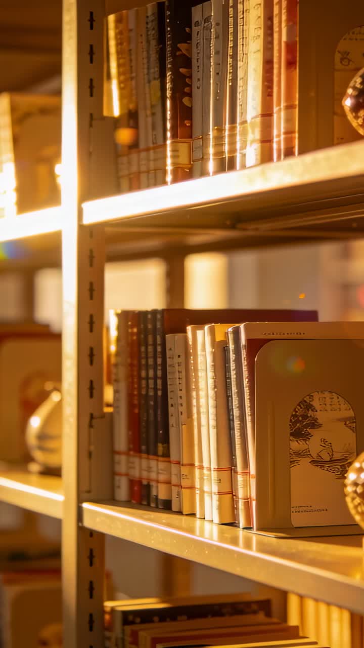 Vertical video: Sunlight sliding across metal shelf making glow in library, showing books and vase