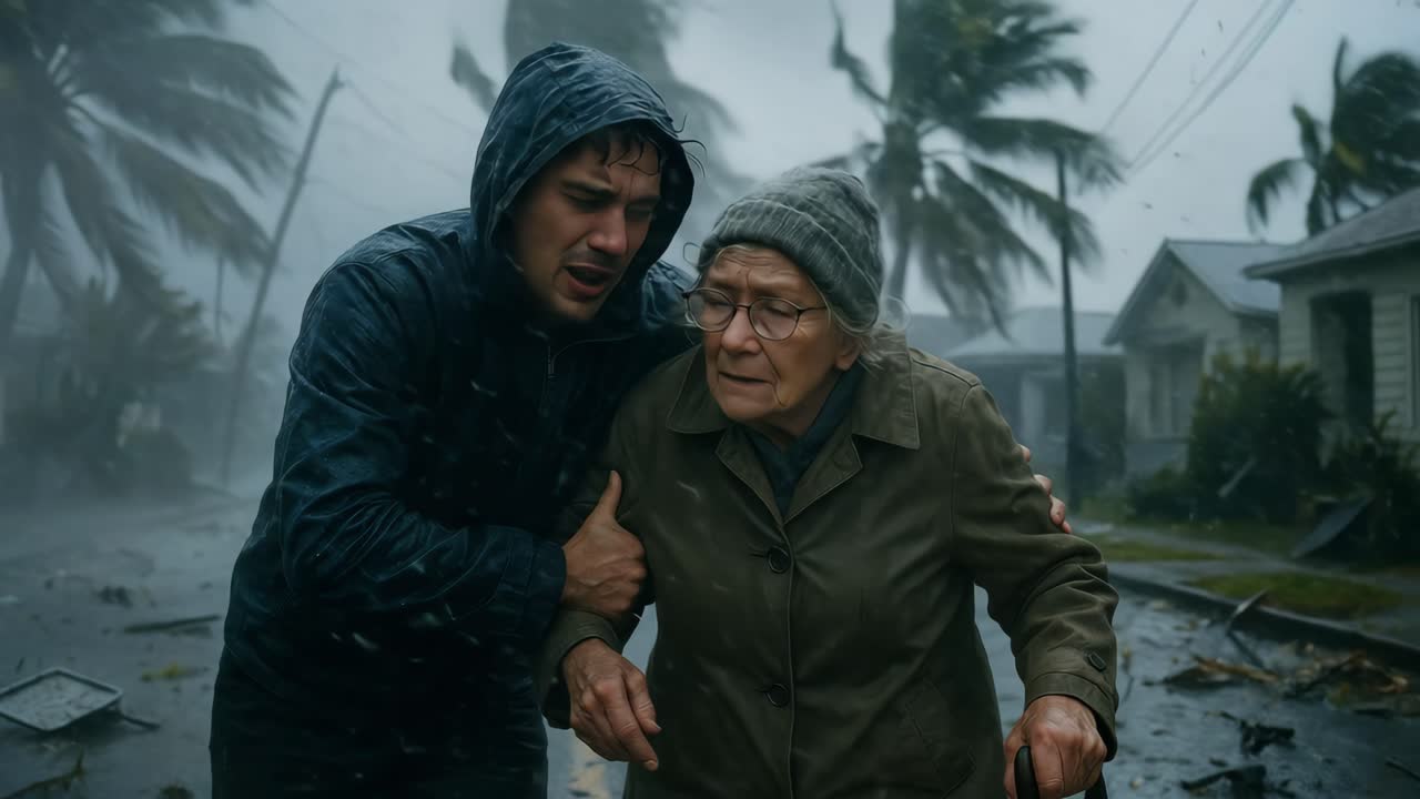 A dramatic video scene shows a young man helping an elderly woman in a storm