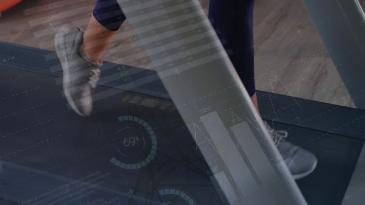 Animation of data processing over low section of women running on treadmill against network towers