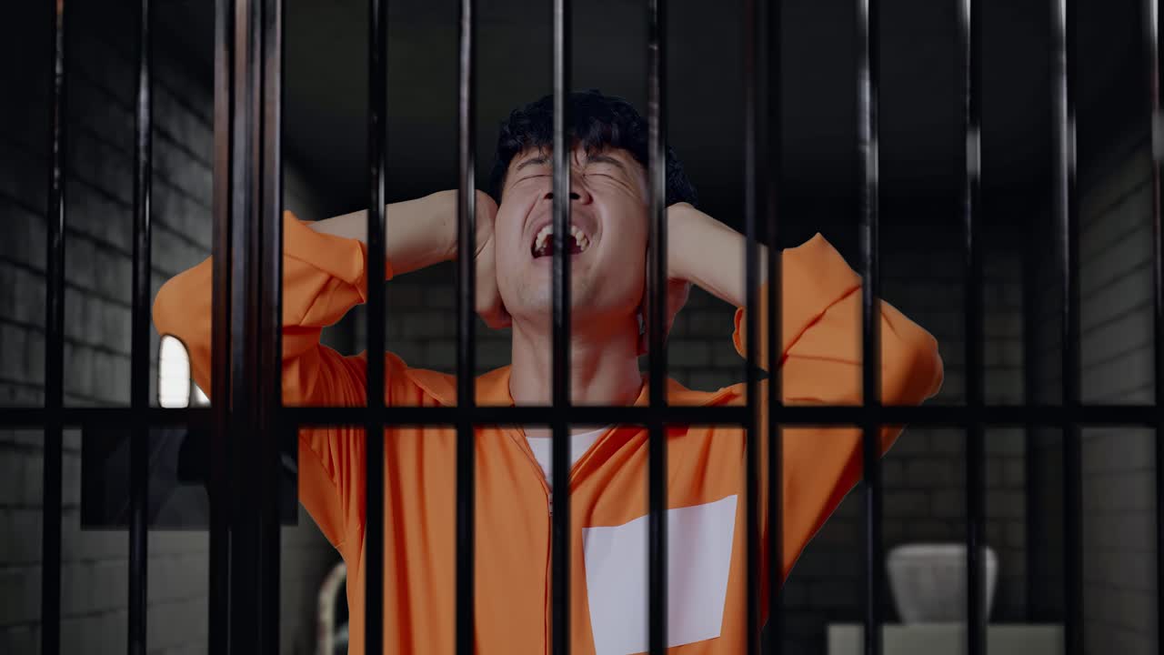 스트레스를 받은 아시아 남성 수감자가 감옥에 서서 큰 소리로 비명을 지르고 있습니다.