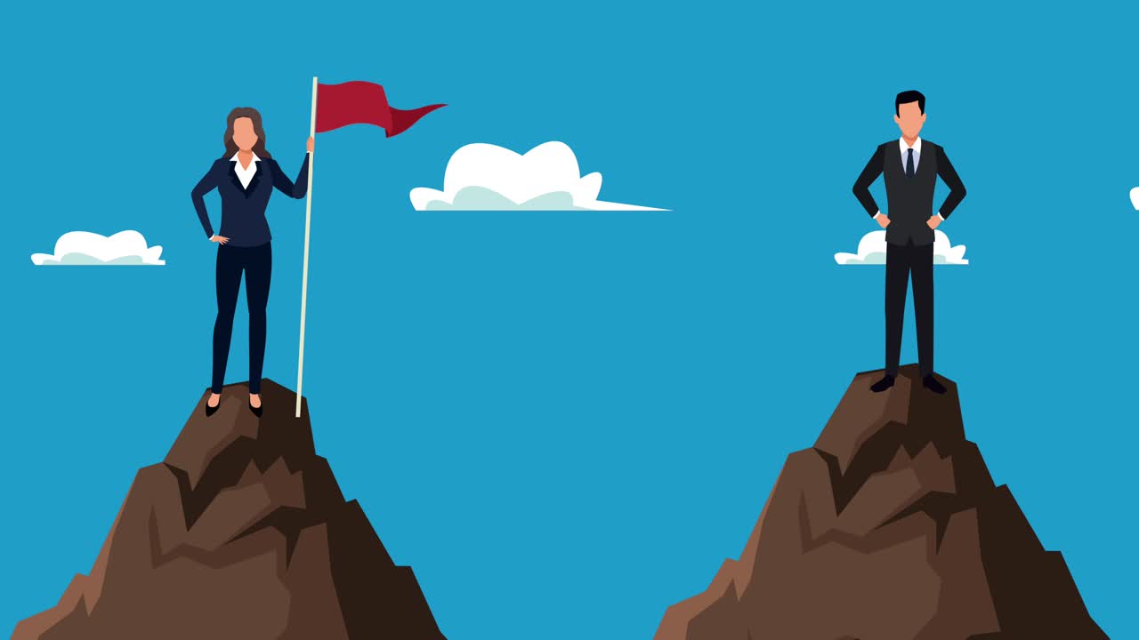 elegant business couple in mountains with success flag animation