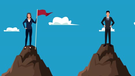 elegant business couple in mountains with success flag animation
