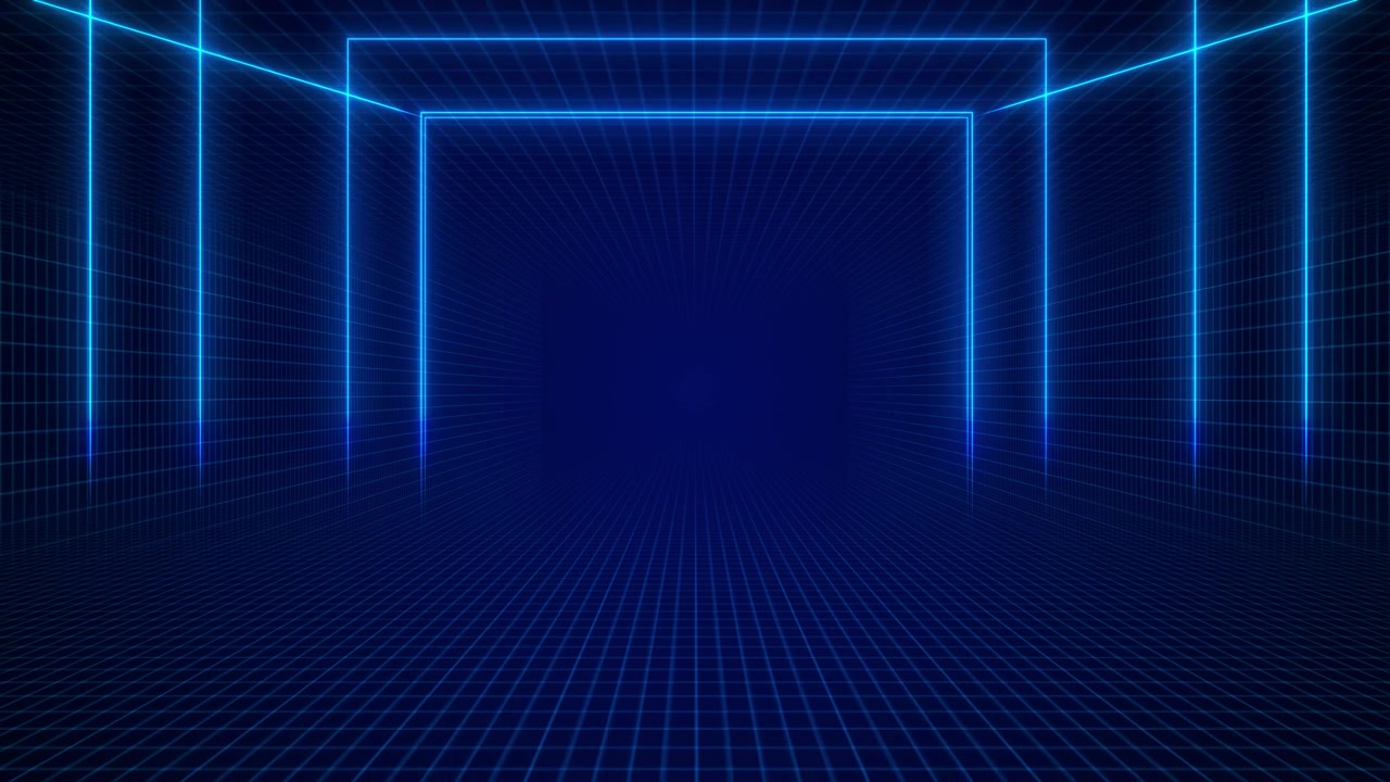 Blue neon grid tunnel background glowing rectangles perspective lines dark empty center futuristic