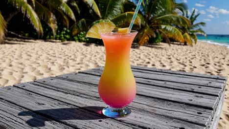colorful layered cocktail garnished with a lime wheel and straw sits on a weathered wooden table against a backdrop of a tropical beach with palm trees, white sand, and turquoise water