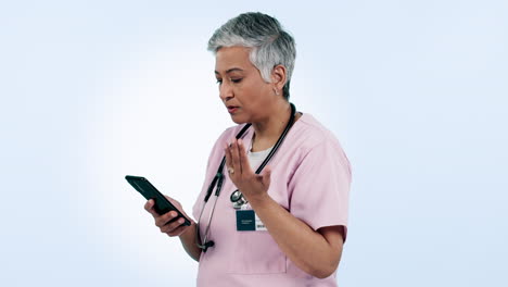 phone, problem and senior woman doctor in studio
