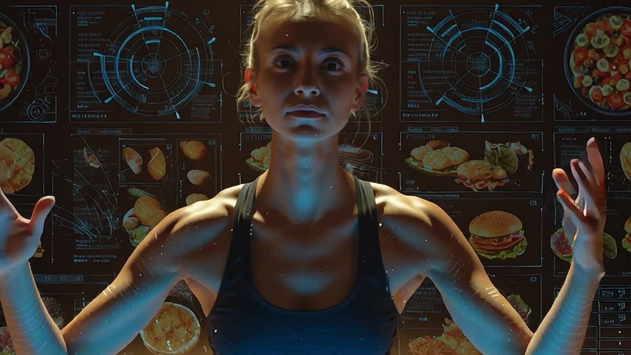 Fitness tutkunu, fütüristik bir ekran kullanarak beslenme verilerini analiz ediyor