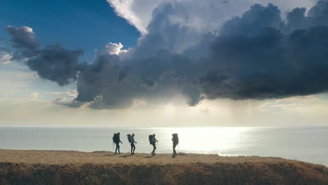 the four travelers with backpacks walking on the seascape background