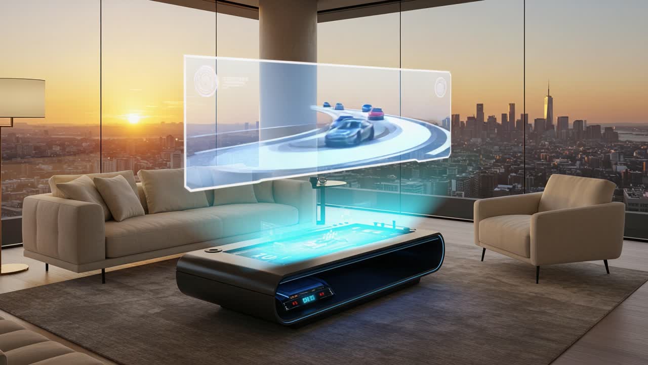Sleek Modern Living Room with an Innovative Interactive Table Showcasing a Futuristic Racing Game and Stunning Cityscape at Sunset