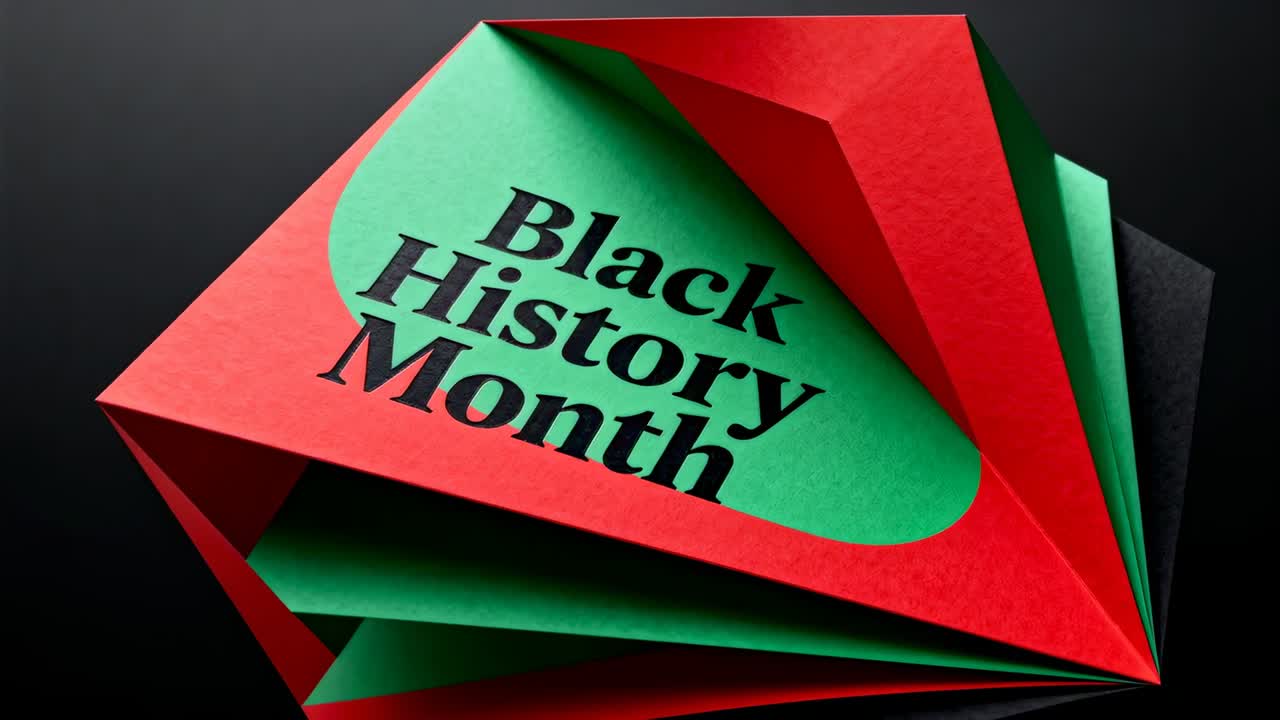 Camera in movimento che si avvicina a una scultura di carta rossa e verde piegata su un tavolo, che mostra il Black History Month