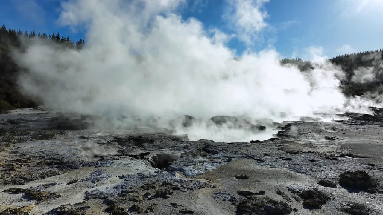 Low and gentle drone flying over geothermal landscape. Trees, steam, bubbling mud and steam. Alien Landscape. Sci-fi. Global Warming