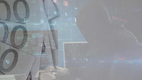 animation of cyber crime warning and hacker over euro banknotes