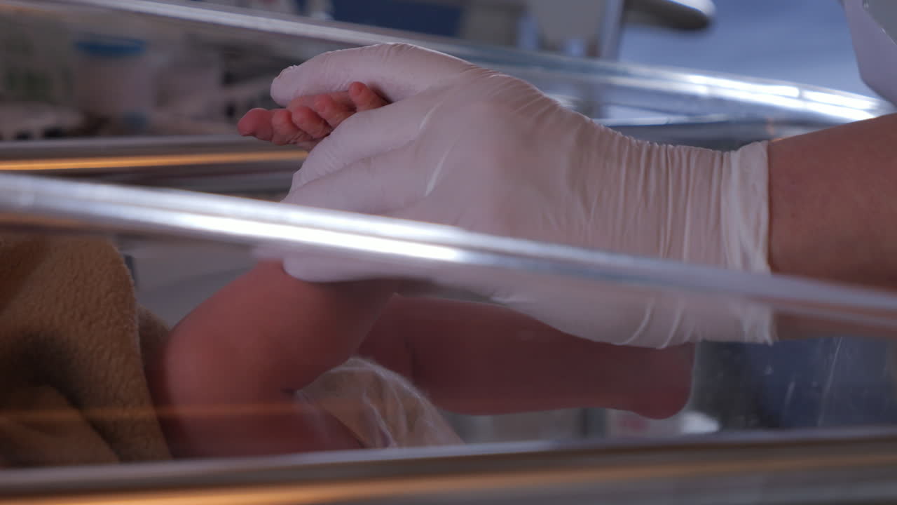 Newborn baby foot being cleaned by gloved hands before a blood sample is taken