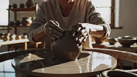 woman potter shaping clay on wheel