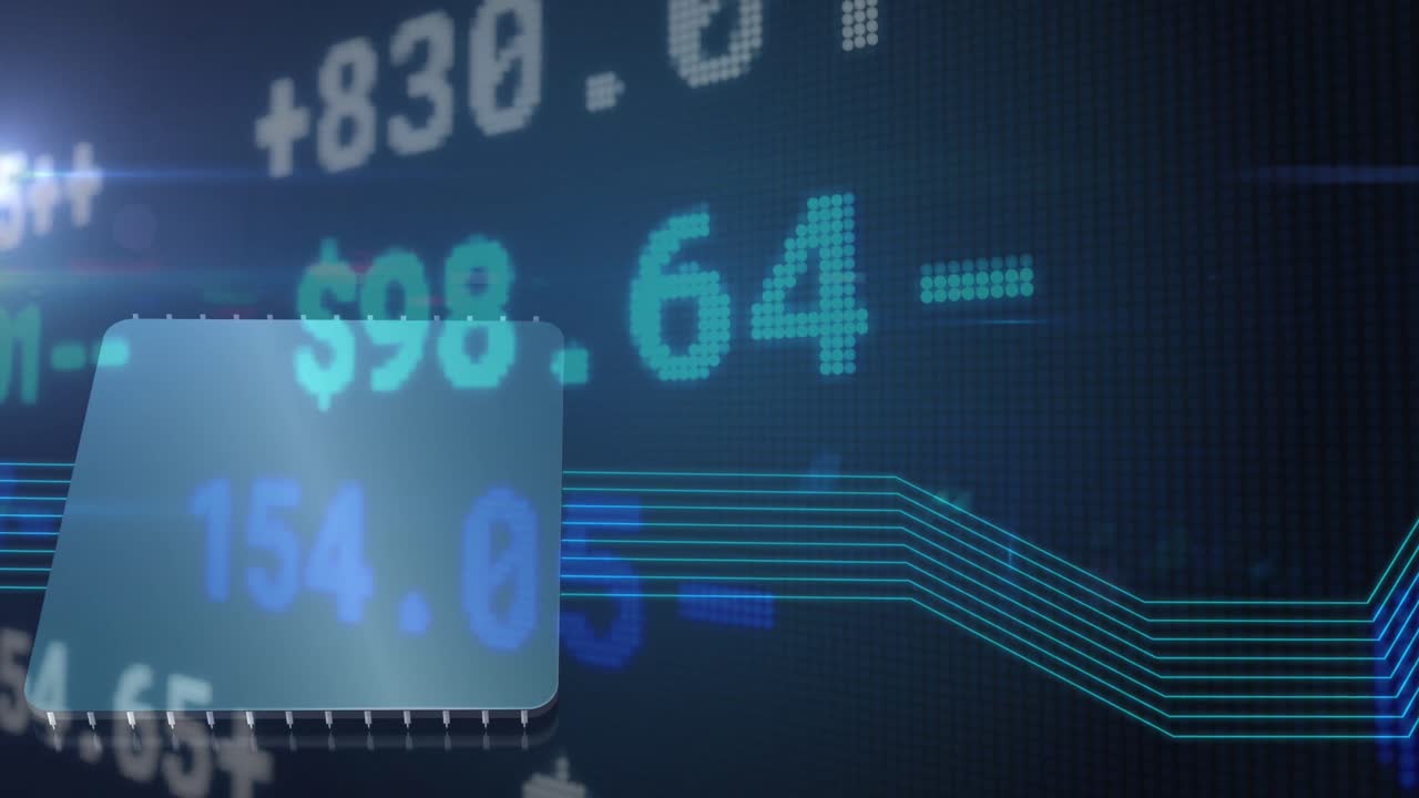 Animation of financial data processing over computer chip and blue links