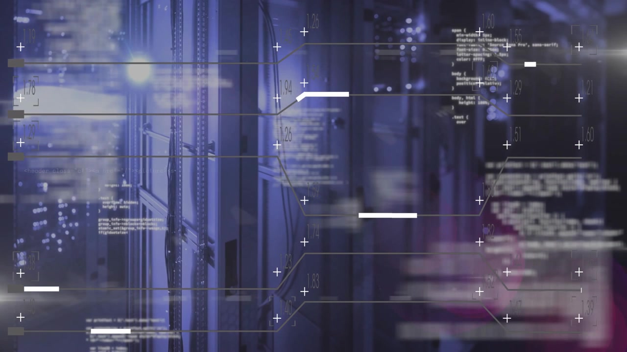 Triggered by code fading in, rack with cables sending mapping lines visualizing network connections