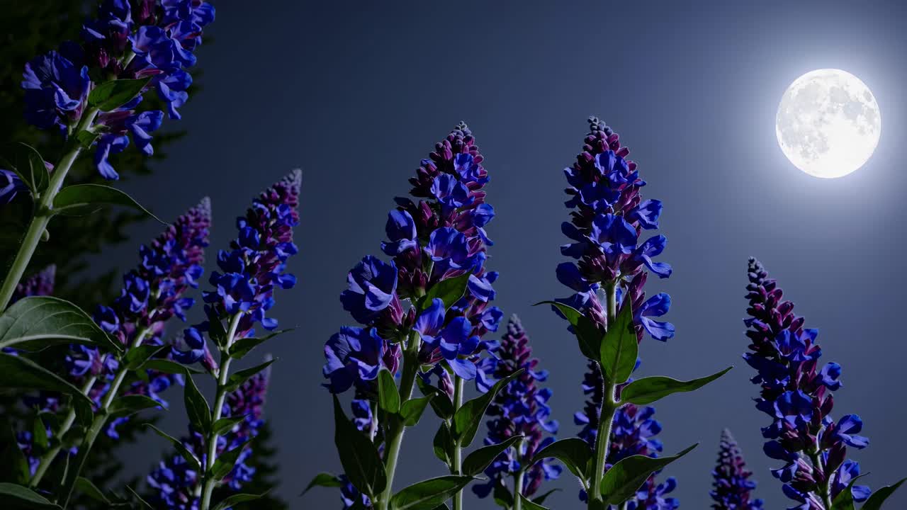 Low-angle video shot of vibrant blue flowers against a full moonlit sky, creating a serene