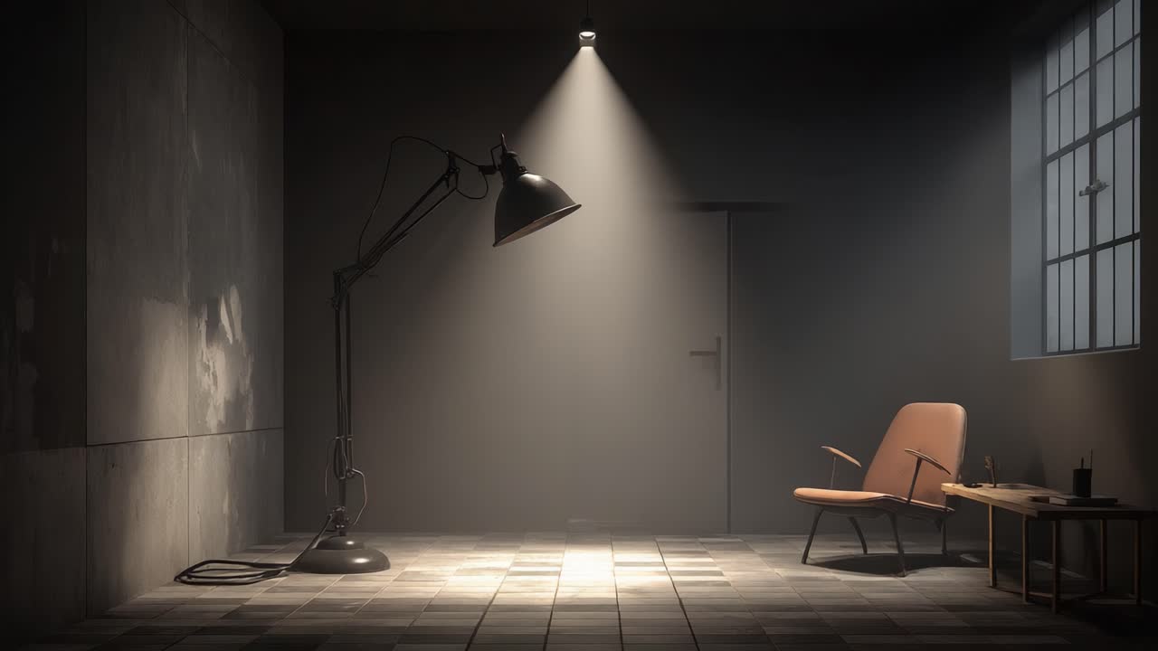 An Eerie and Minimalist Room with a Stylish Lamp and Chair, Highlighted by Soft Lighting and Shadows, Creating a Unique and Atmospheric Ambience in a Sparse Interior