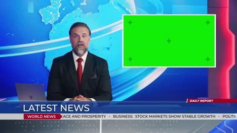 live news studio with handsome male newscaster reporting on a story, uses green chroma key screen placeholder copy space.television newsroom channel with professional presenter, anchor talking