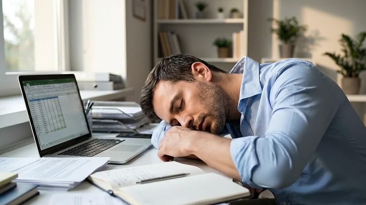 Uomo stanco che dorme alla scrivania in ufficio con laptop e documenti