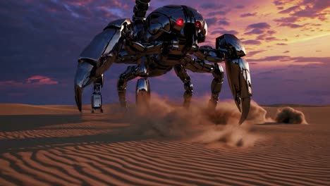 metallic scorpion robot in a desert sunset