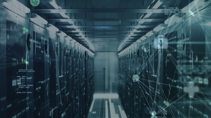 Animation of spinning globe of medical icons, data processing and mosaic squares against server room