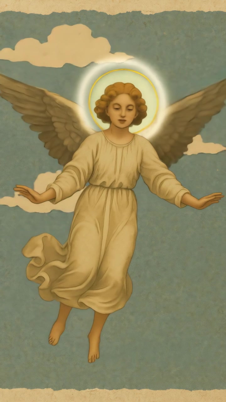Animated Illustration of an Angel Floating Among Clouds
