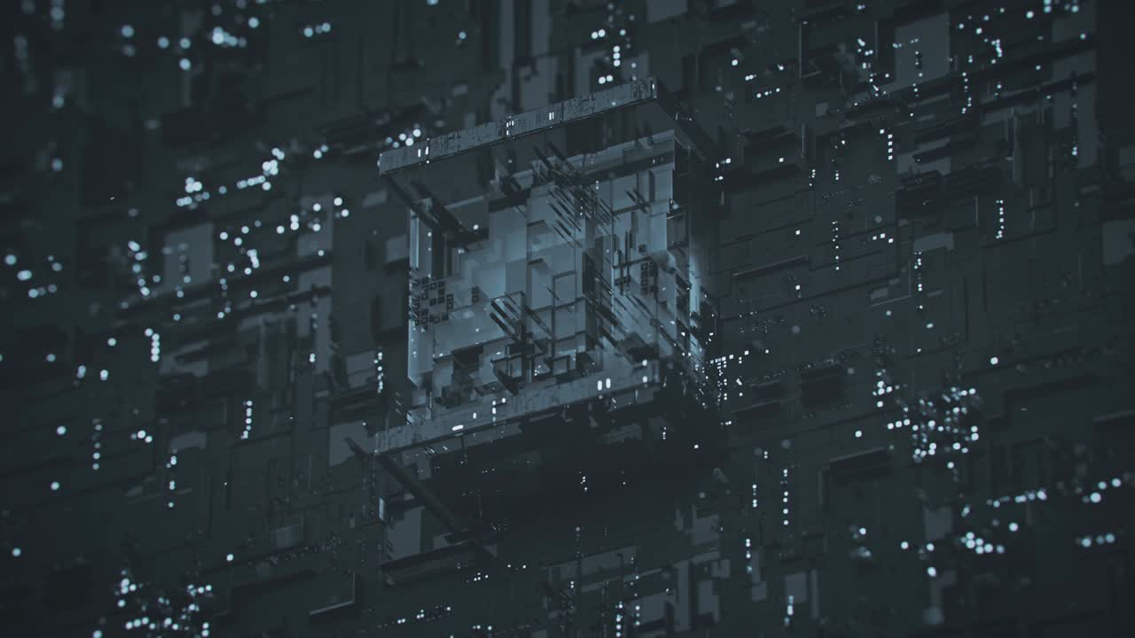 Futuristic gray micro chip in fog and particles loopable 3D render animation