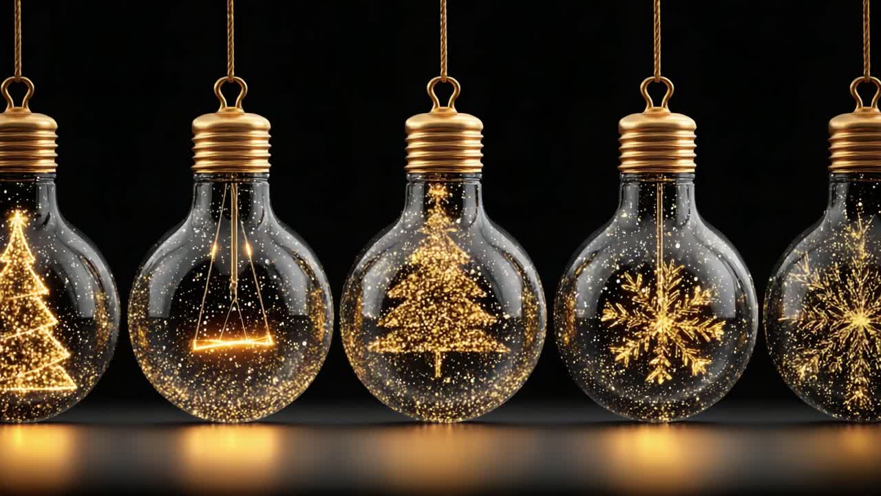 A Beautiful Display of Illuminated Holiday Ornaments Showcasing Festive Symbols Like Trees and Snowflakes in Sparkling Glass Bulbs Against a Dark Background