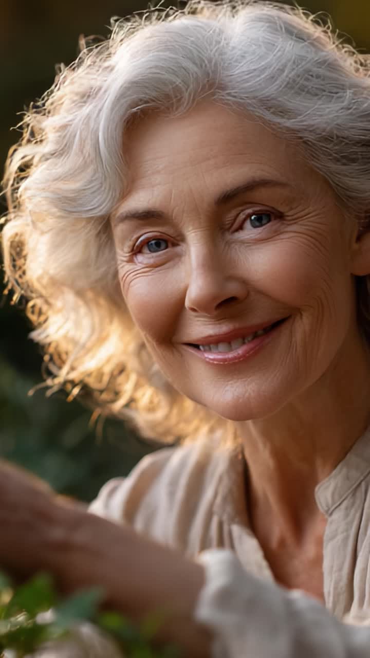 Uma mulher idosa serena e radiante aproveita um momento de tranquilidade, sorrindo gentilmente enquanto está rodeada por uma vegetação exuberante, simbolizando graça, sabedoria e a beleza da idade