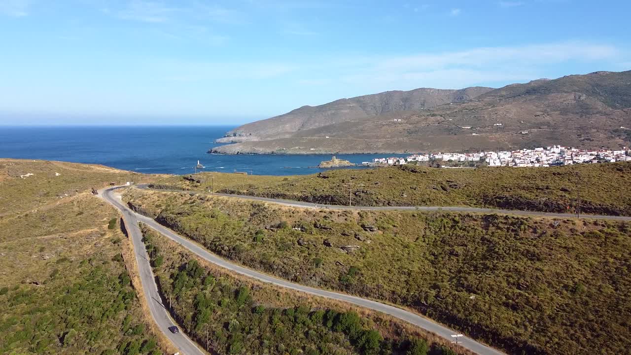 Revealing Panoramic Aerial over Chora of Andros Peninsula, Greece
