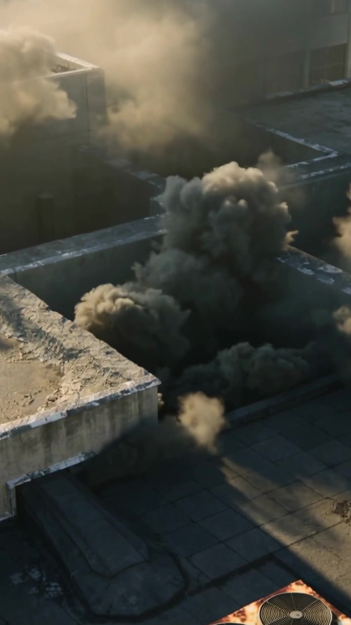 Vertical video: Rising dark smoke plume pushing from recessed roof well on concrete roof