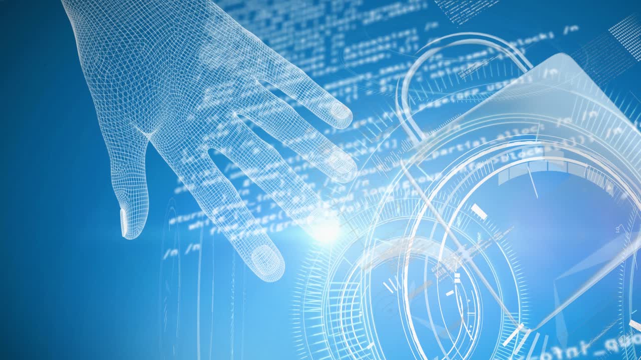 파란색 배경에 있는 보안  ⁇ 락 아이콘과 데이터 처리