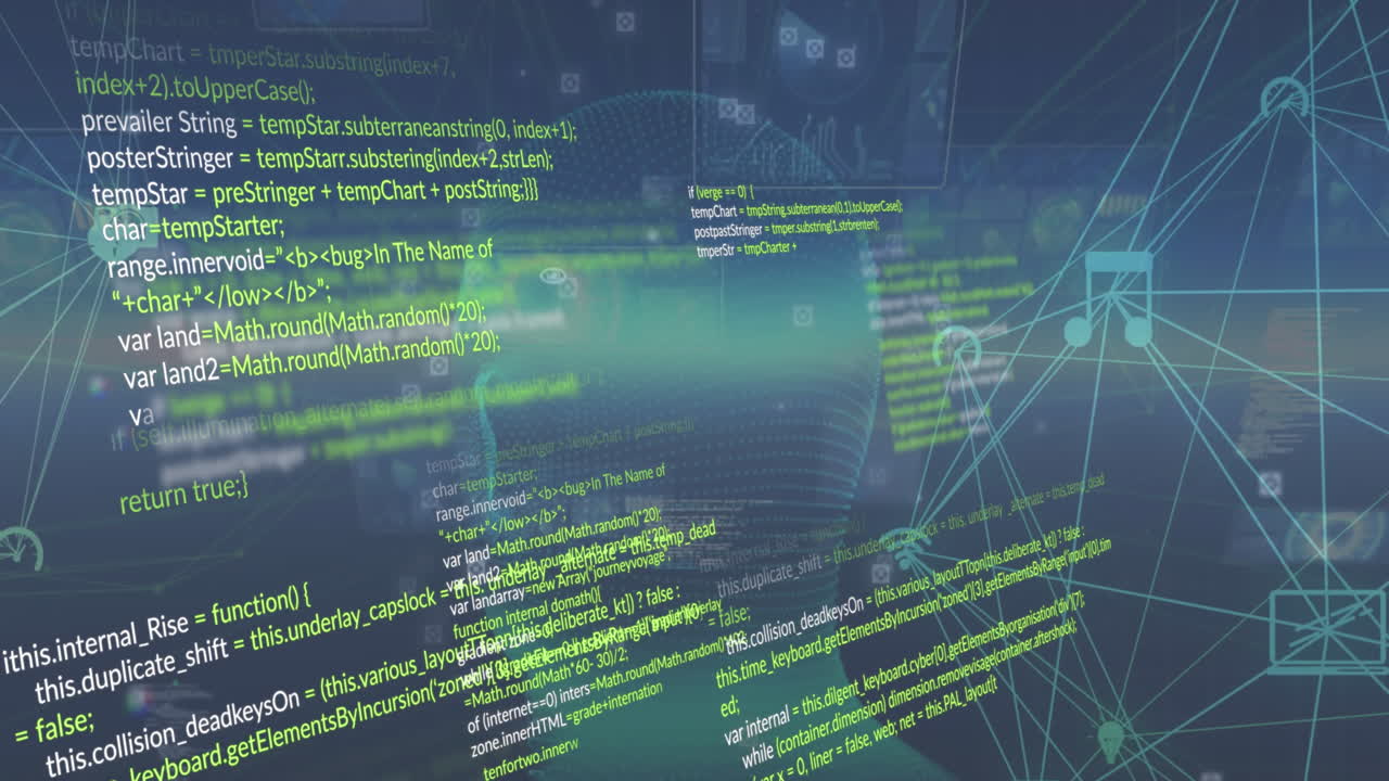 Animation of viewfinders around human face representation and connected icons forming globes