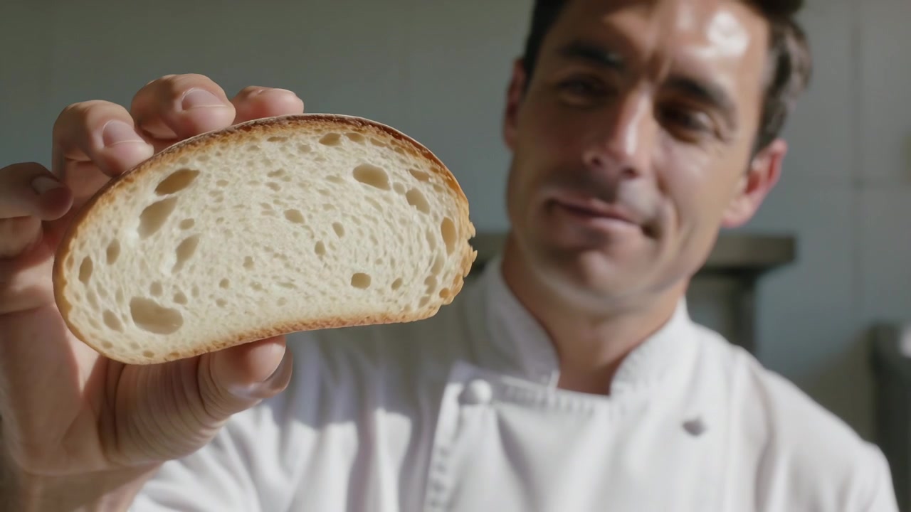 Holding chef rotating bread slice as camera filming in kitchen steel oven white coat checking crumb