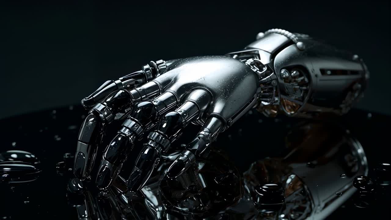 Moving camera dolly revealing chrome robotic hand on glossy black surface, showing gears