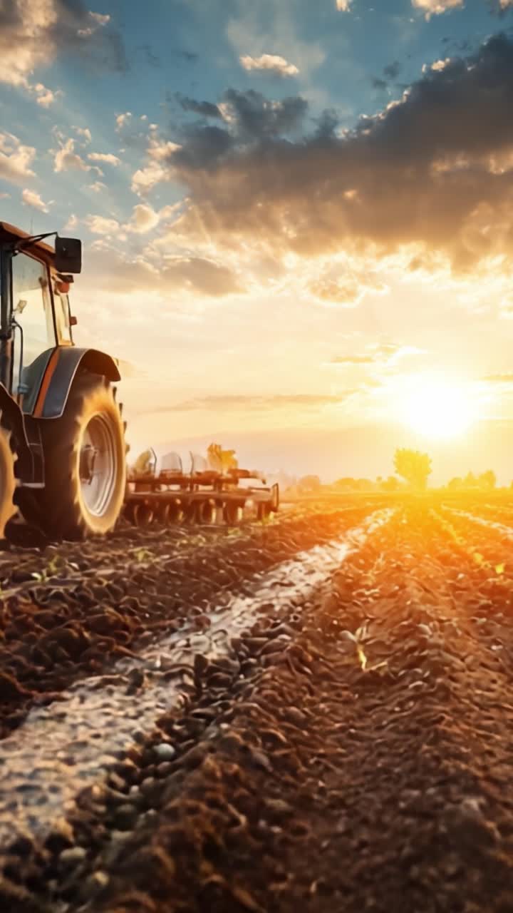 Um Belo Pôr do Sol Sobre Campos Agrícolas Enquanto um Trator Trabalha a Terra, Capturando a Essência da Agricultura e da Vida Rural em uma Cena Tranquila.