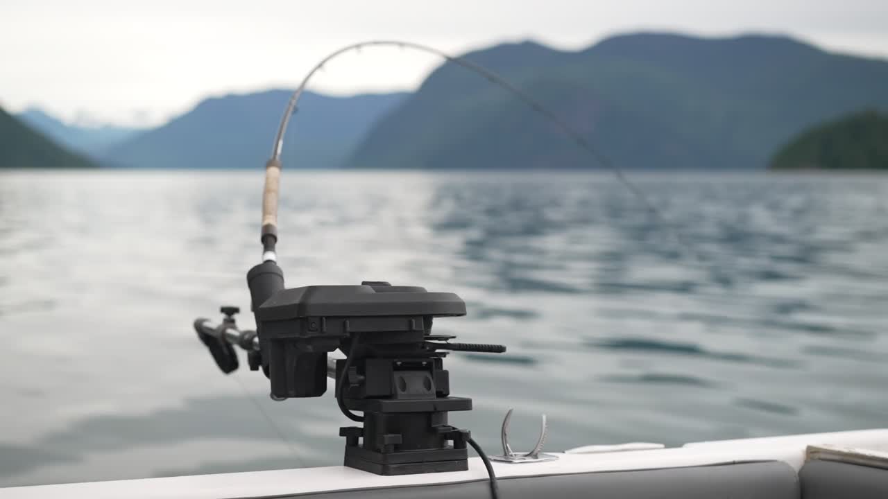 Fly Fishing Rod Mounted On A Boat Over Lake. Close-up Shot