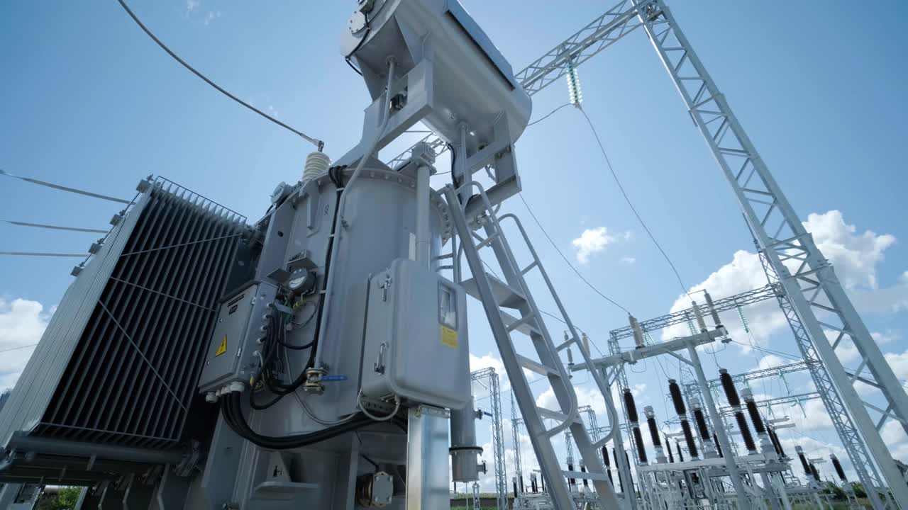 High voltage transformer against the blue sky. Electric current redistribution substation