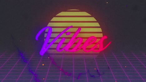 Animation-of-vibes-in-purple-and-pink-text-over-setting-sun,-grid-and-light-trails