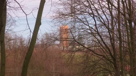 a view through the bare branches to the dominant coal mine in the landscape