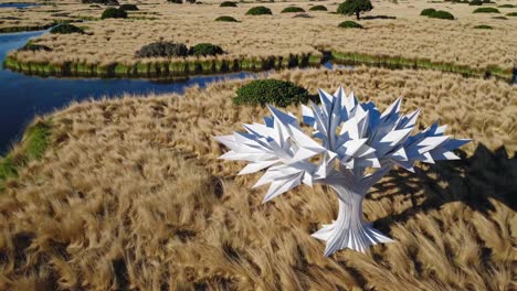 abstract origami tree in a marsh landscape