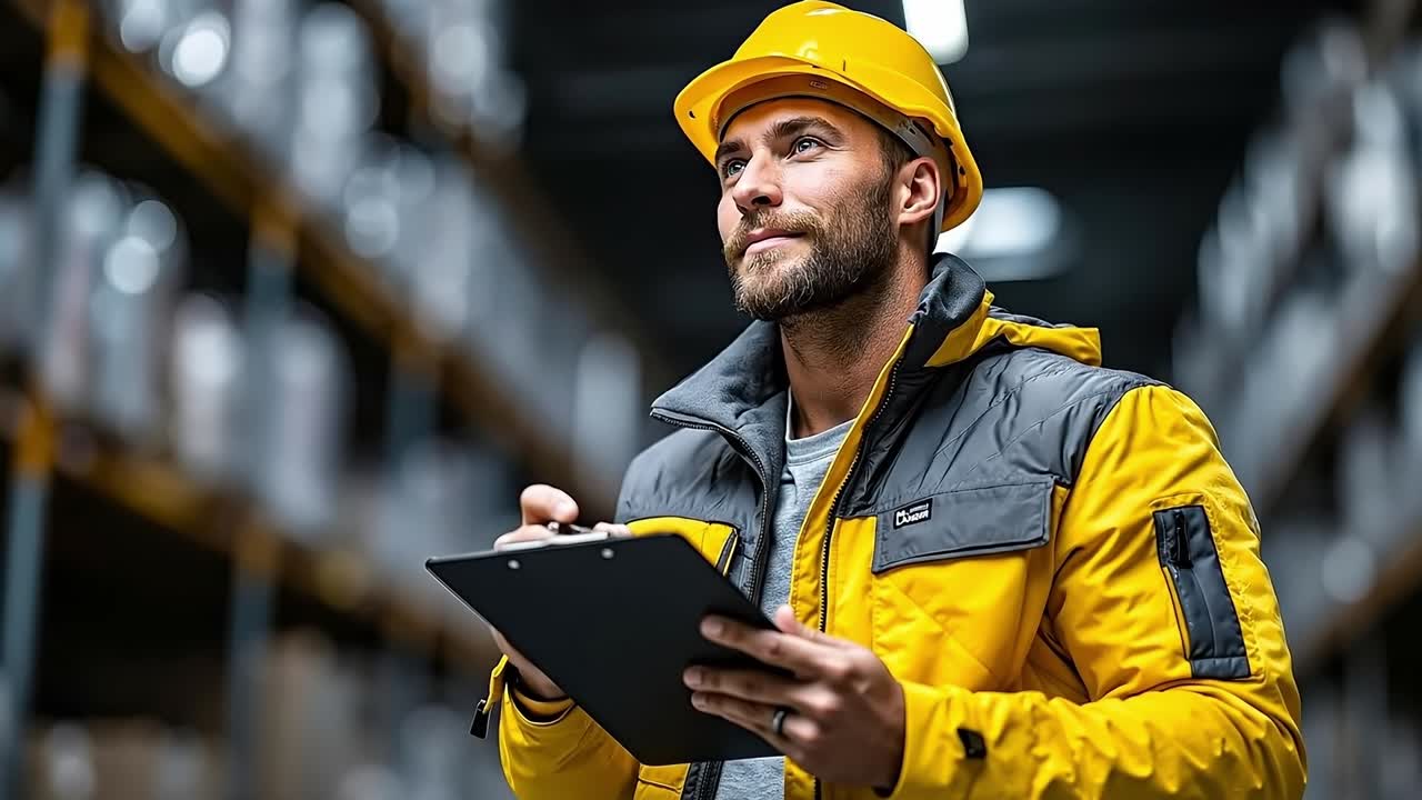 Un uomo con un cappello giallo che tiene in mano un blocco appunti in un magazzino